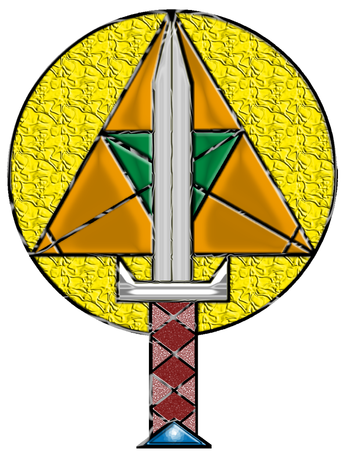 The House Bravo logo. It appears like a yellow circle with an orange triangle in the center, and there is a green inverted triangle futher inside. Laying on top of this is a silver dagger with a pink and marone colored handle.